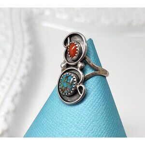 Vintage Navajo Sterling Ring 6.5 Turquoise Coral 70s-80s Scrollwork Sawtooth